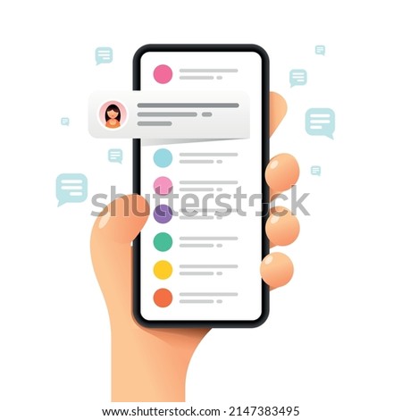 Smartphone mockup in human hand. Chat communications. Messaging. Vector colorful social media illustration. Instagram, Whatsapp, Skype