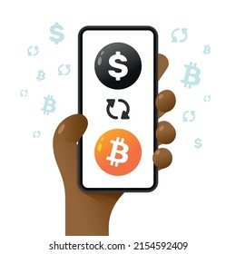 Smartphone mockup in human hand. Exchange operation. Bitcoin and dollar. Vector colorful cryptocurrency illustration