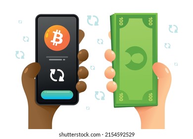 Smartphone mockup in human hand. Exchange operation. Bitcoin and dollar cash. Vector colorful cryptocurrency illustration