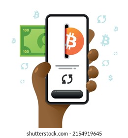 Smartphone mockup in human hand. Exchange operation. Bitcoin wallet and dollar cash. Vector colorful cryptocurrency illustration