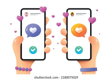 Smartphone Mockup In Human Hand. Female And Male Love Messaging. Perfect Match. Vector Colorful Love In Web