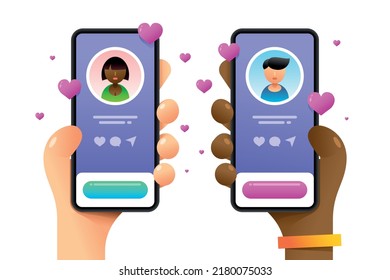 Smartphone Mockup In Human Hand. Female And Male Couple. Perfect Match. Vector Colorful Love In Web