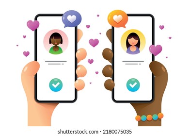 Smartphone Mockup In Human Hand. Female And Female Couple. Perfect Match. Vector Colorful Love In Web