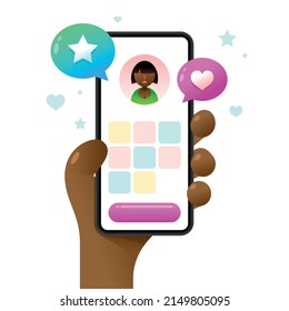 La burla del Smartphone en mano humana. Imágenes y video en la pantalla del perfil. Dibujo en redes sociales con colores vectoriales