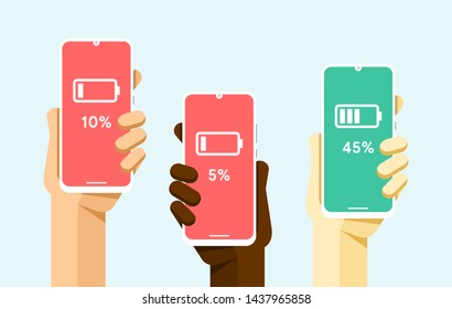 Smartphone mockup in human hand. Low and high battery power. Charging. Vector flat colorful technology illustration