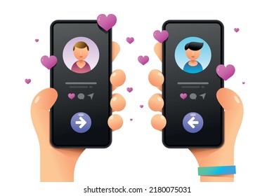 Smartphone Mockup In Human Hand. Male And Male Couple. Perfect Match. Vector Colorful Love In Web