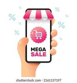 Smartphone mockup in human hand. Mega sale in the store. Vector online shopping illustration