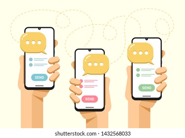 Smartphone mockup in human hand. Messaging with a lot people. SMS send button. Vector flat colorful technology illustration