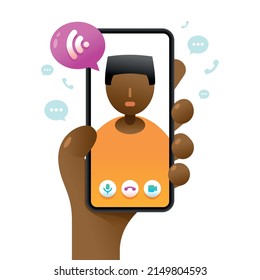 Smartphone mockup in human hand. Online voice call. Vector colorful social media illustration. Instagram, Whatsapp, Skype