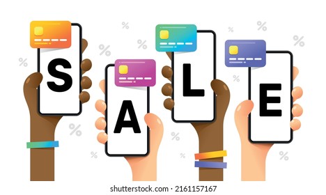 Smartphone mockup in human hand. People buying goods with credit card. Sale. Vector online shopping illustration