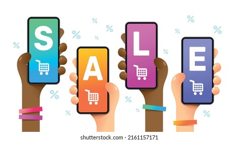 Smartphone mockup in human hand. A lot of people loves mega sale. Vector online shopping illustration