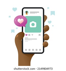 Smartphone mockup in human hand. Post in application. Vector colorful social media illustration. Instagram, Whatsapp, Skype