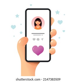 Smartphone mockup in human hand. Profile screen. Perfect love match. Vector colorful social media illustration. Instagram, Whatsapp, Skype