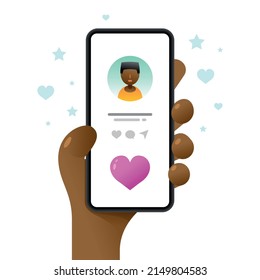Smartphone mockup in human hand. Profile screen. Perfect love match. Vector colorful social media illustration. Instagram, Whatsapp, Skype