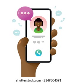 Smartphone mockup in human hand. Profile page with Like button. Vector colorful social media illustration. Instagram, Whatsapp, Skype