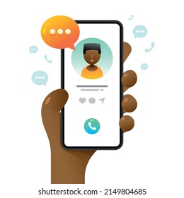 Smartphone mockup in human hand. Profile page with Like button. Vector colorful social media illustration. Instagram, Whatsapp, Skype
