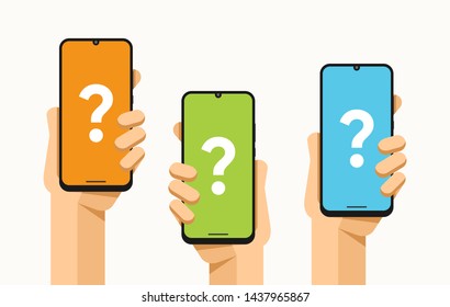 Smartphone mockup in human hand. Question on screen. Online help and support. Vector flat colorful technology illustration