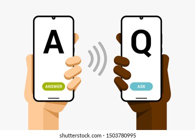 Smartphone mockup in human hand. Question and answer. Online help and support communication. EPS10 Vector