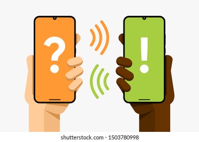 Smartphone mockup in human hand. Question and answer on the screen. Online communication. EPS10 Vector