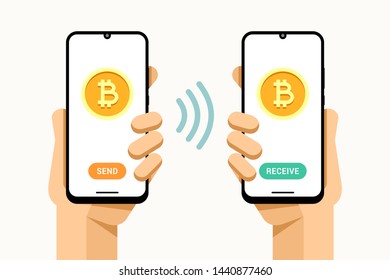 Smartphone mockup in human hand. Sen and receive bitcoin money operation from crypto wallet. Vector colorful technology illustration