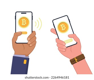 La burla del Smartphone en mano humana. Enviar y recibir el dinero de bitcoin de la billetera crypto. Ilustración de tecnología de color vectorial 10 eps.