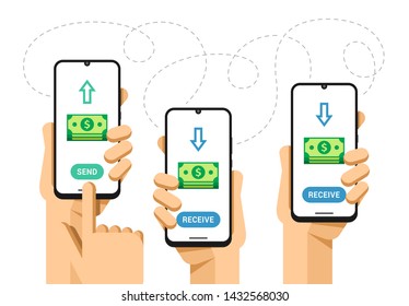 Smartphone mockup in human hand. Send and receive money. Finance transaction operation. Vector flat colorful technology illustration