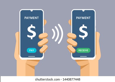 Smartphone mockup in human hand. Send and receive money finance transaction from phone to phone. Electronic wallet. Vector colorful technology illustration