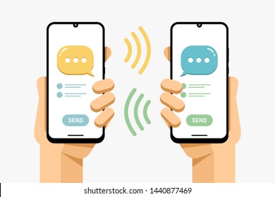 Smartphone Mockup In Human Hand. SMS Message Send From Phone To Phone. Group Chat Room . Vector Colorful Technology Illustration