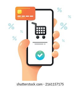 Smartphone ist in der menschlichen Hand. Warenkorb lagern. Bestellen Sie erfolgreich mit Kreditkarte. Vektorgrafik-Online-Shopping-Illustration