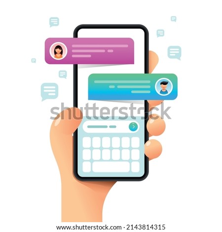 Smartphone mockup in human hand. Text messages. Messaging. Vector colorful social media. Instagram, Whatsapp, Skype