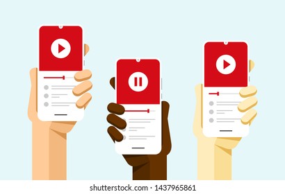 Smartphone mockup in human hand with video player application on the screen. Vector flat colorful technology illustration