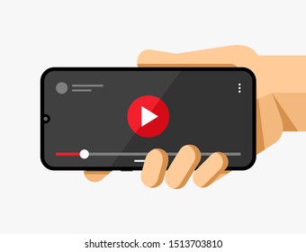 Smartphone mockup in human hand. Video player application. Play, pause, slider button. EPS10 Vector