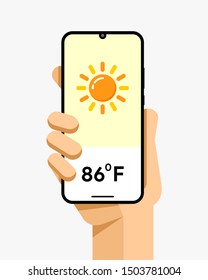 Smartphone mockup in human hand. Weather temperature application. Hot summer sun icon. EPS10 Vector