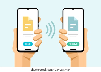 Smartphone Mockup In Human Hand. Wireless Send And Receive File From One To Another Phone. Vector Colorful Technology Illustration