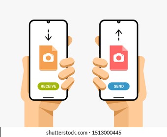 Smartphone mockup in human hand. Wireless send and receive picture file. Image extension. EPS10 Vector