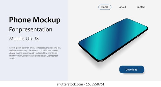 Smartphone mockup for infographic, presentation in rotated position. Phone perspective view. 3D realistic. Vector isometric illustration. Horizontal template.