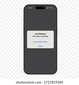 Smartphone Mockup com Alerta de Aviso de Bateria Fraca, Interface do Usuário de Tela do Telefone Móvel Mostrando 20% de Notificação de Bateria, Interface de Dispositivo Moderno Isolada no Fundo Transparente