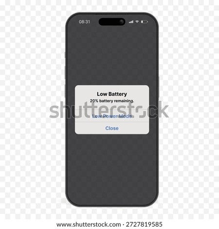 Smartphone Mockup with Low Battery Warning Alert, Mobile Phone Screen UI Showing 20 Percent Battery Notification, Modern Device Interface Isolated on Transparent Background