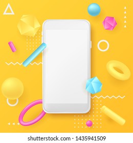 Smartphone mockup, memphis style poster, banner design template. Vector realistic 3d illustration of white plastic mobile phone, abstract geometric shapes on yellow background.