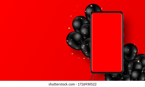 Smartphone mockup mobile phone with blank screen and black balloons, confetti isolated on red background. vector illustration.
