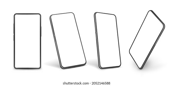 Smartphone mockup. Mobile phone model, smartphones modern display in perspective. Graphic isolated 3d devices with blank screen exact vector set