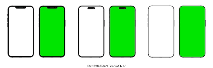 Smartphone mockup models set with white empty and green touch screen. Detailed mockup smartphone, model mobile collection