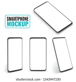 Smartphone mockup. Modern frameless smartphones, generic cell phone device side and top, isometric view design. 3d isolated vector technology mobile mockup