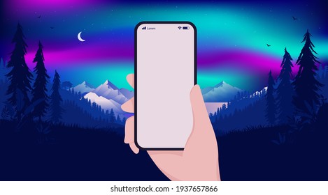 Smartphone mockup in night landscape - Hand holding phone with empty blank screen, northern light and landscape in background. Vector illustration
