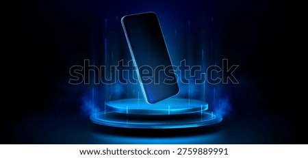 Smartphone mockup on 3D round podium with neon hologram portal, realistic vector illustration. Glowing blue tech circles and digital light effects for mobile phone app presentation.