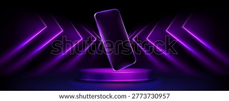  Smartphone mockup on 3D round podium with neon purple glowing geometric shapes, realistic vector illustration. Glowing tech elements and digital light effects for mobile phone app presentation.