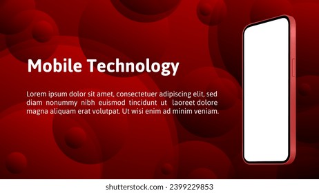 Smartphone mockup on a dark red and black abstract background with gradient spheres. Transparent screen mockup. Phone display. Device front view. Mobile technology