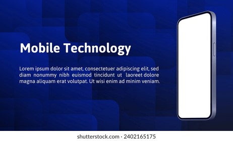 Smartphone mockup on a deep blue and black modern abstract background with gradient rounded squares. Transparent screen mockup. Phone display. Device front view. Mobile technology