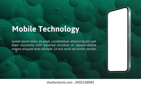 Smartphone mockup on a emerald green abstract background with gradient bubbles. Transparent screen mockup. Phone display. Device front view. Mobile technology