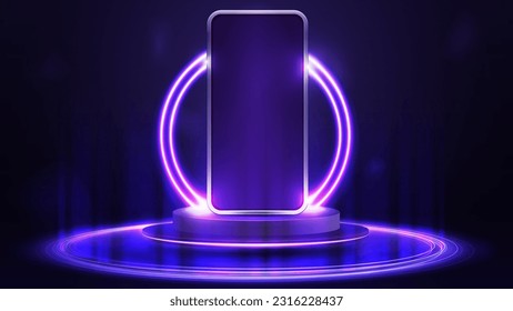 Smartphone mockup on empty purple podium floating in the air with purple neon rings on background and hologram of digital rings on a floor